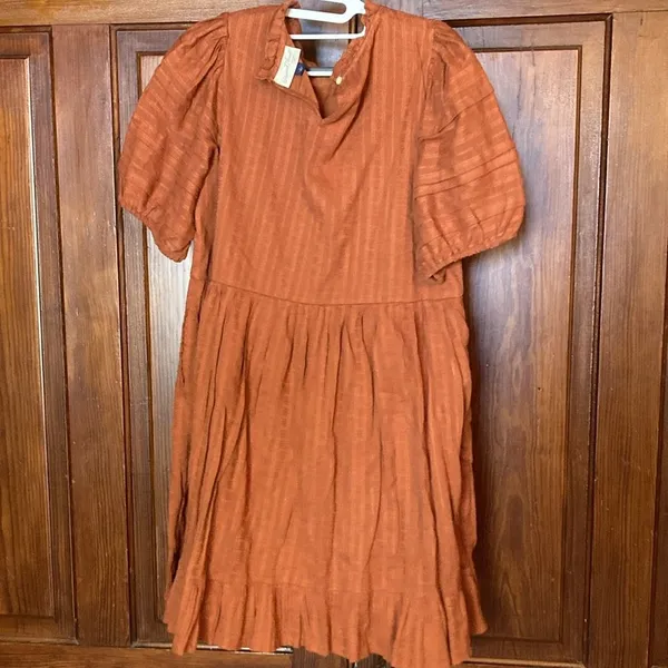 Universal Threads Puff Short Sleeve 100% Cotton Ruffle Mini Dress Burnt Orange S - Image 2
