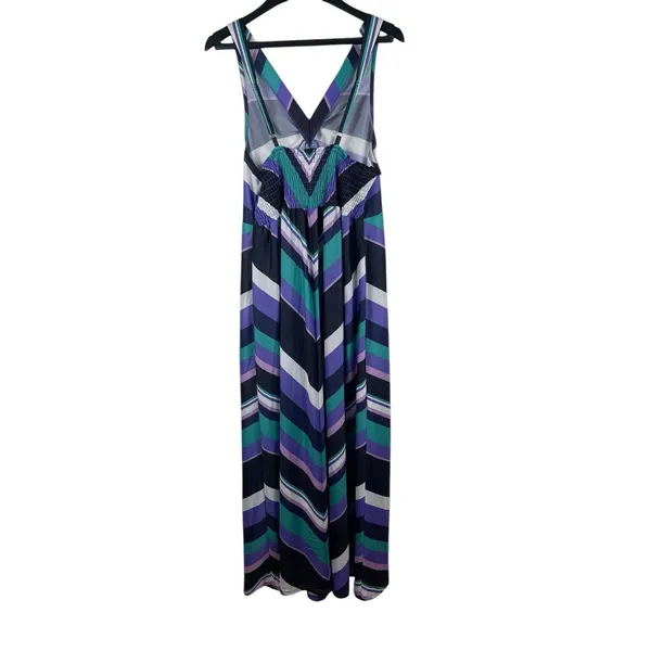 VTG 80s Anthony Richards Chevron Stripe Midi Dress Purple Teal Smocked Retro - Image 2
