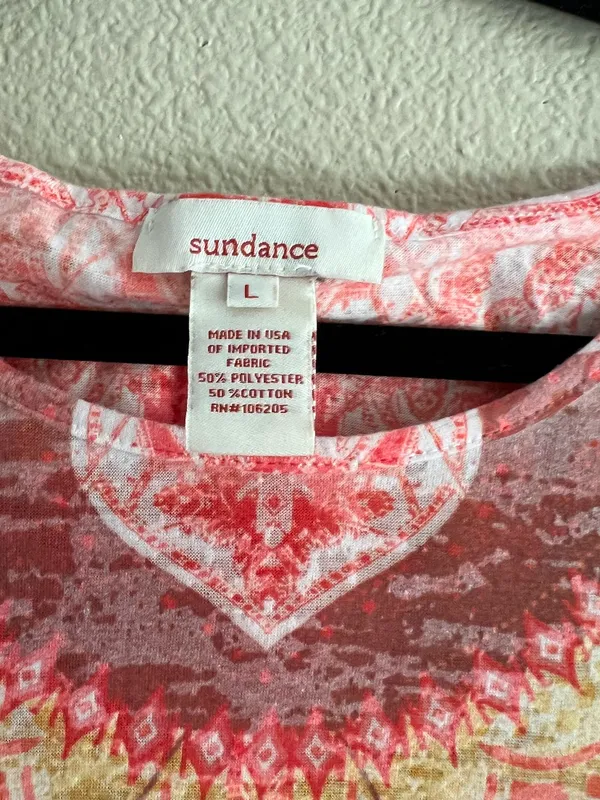 Sundance Pink Coral & Yellow Geometric Scoop Neck Tee Vibrant Boho size large - Image 2