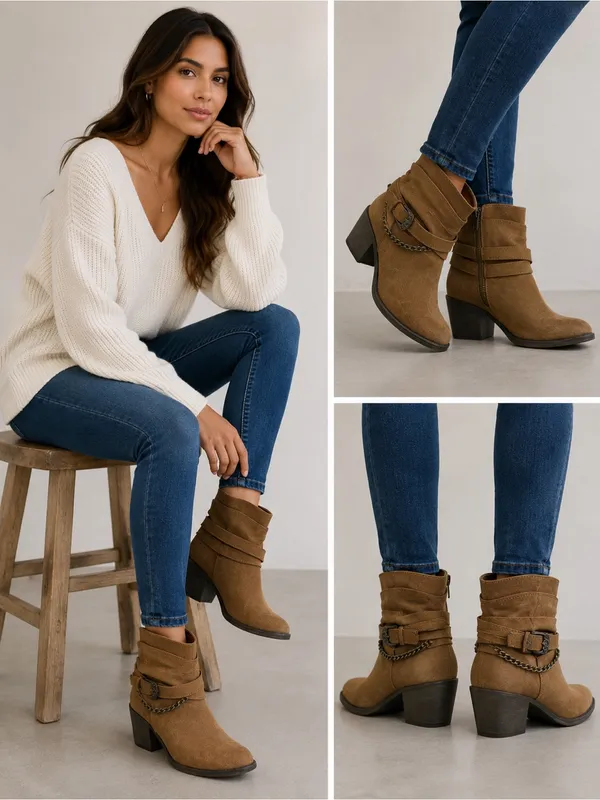 Niyama Sol Tan Ankle Boots with Chain Accent - Image 2