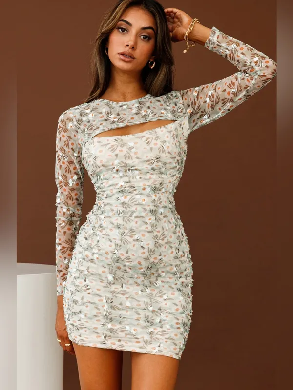 Here Comes the Sun First Class Long Sleeve Ruched Mesh Dress Floral Print Mint S - Image 4
