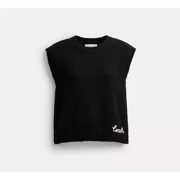 COACH Crewneck Sweater Vest Black Embroidered Organic Cotton Wool Cashmere Large - Image 8