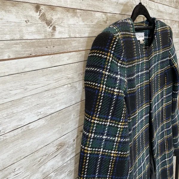 Calvin Klein‎ Womens 2 Jacket Tweed Topper Coat Green Plaid Tartan Open Front - Image 4