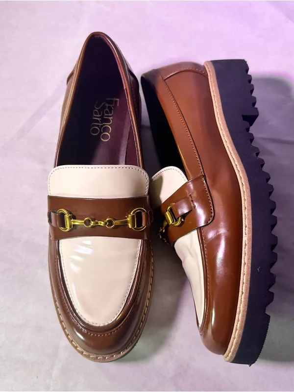 Franco Sarto Brown and Cream Leather Two-Tone Loafer with Gold Chain - Image 6