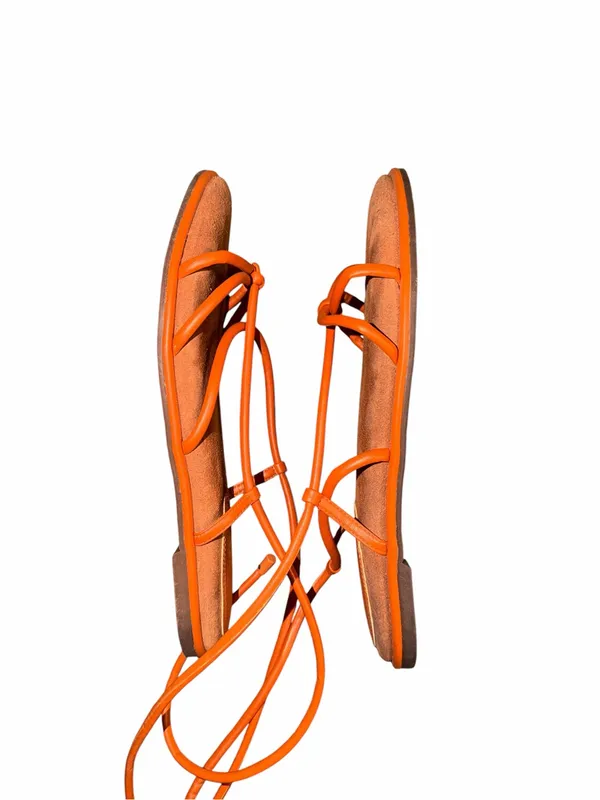 Arezzo Orange Leather Strappy Lace-Up Women's Sandals Size 38 - Image 4