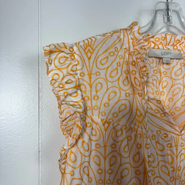 LOFT Orange Embroidered Paisley Printed Ruffle Sleeve Tassel Tie Top Small S - Image 2