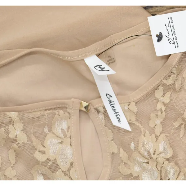 NWT Ny Collection Petites Keyhole Lace Trim Blouse Shirt Top Doeskin Brown PL - Image 7