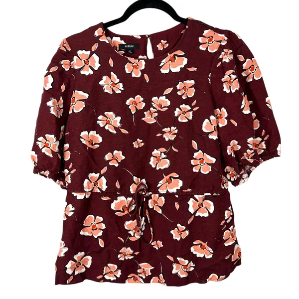 Alfani Linen Floral Burgundy Boho Bohemian Modest High Neck Blouse Size Medium - Image 8