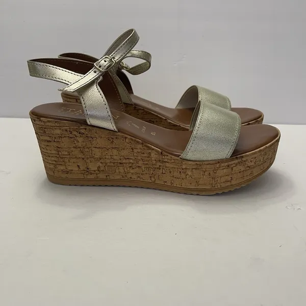 Italian Shoemakers Sandals Womens 8.5 Ankle Strap Gold Open‎ Toe Wedge Heels - Image 6