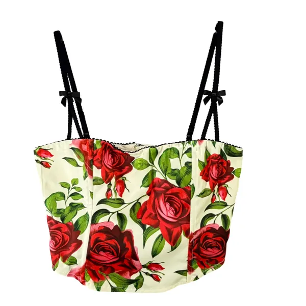 Jaded London Scarlett Satin Corset Top Womens 4 Ivory Red Rose Floral Coquette - Image 2