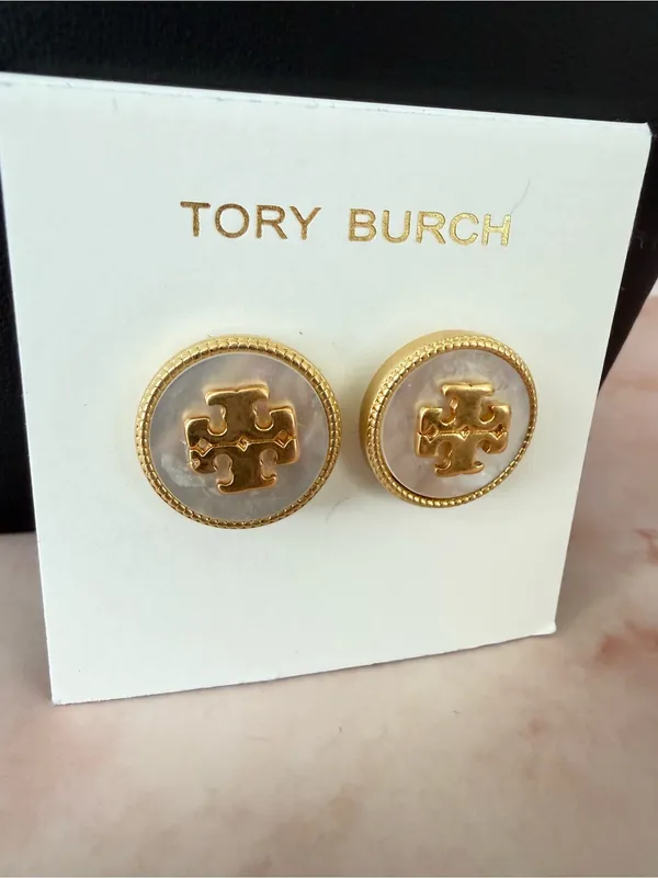 Tory Burch | Gold Plated & Mother of Pearl Logo Button Stud Earrings - Image 2