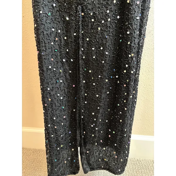 NWT Vintage Stenay Beaded Maxi Dress 14 Black Silver Sequin Silk Evening Gown - Image 3