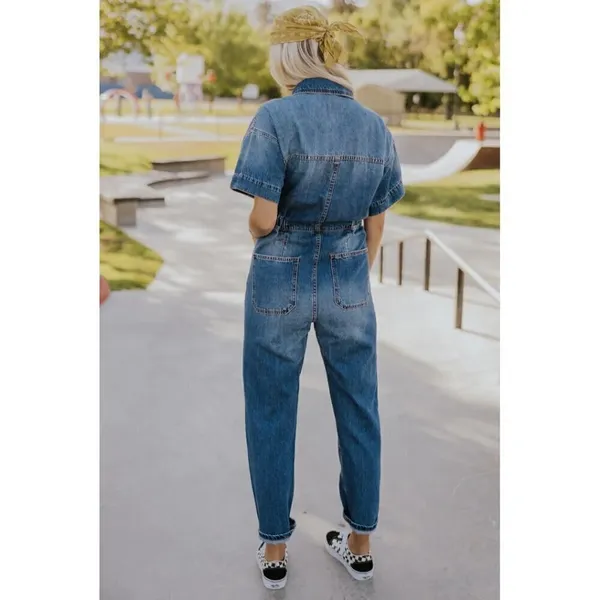 FREE PEOPLE Marci Denim Jumpsuit in Wash Sapphire Blue Size Large - Image 10
