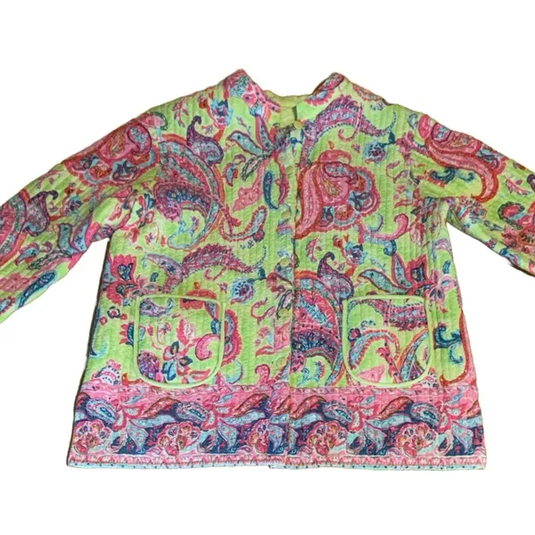 La Cera Pink & Green Paisley Print Quilted Reversible Jacket (L) - Image 9