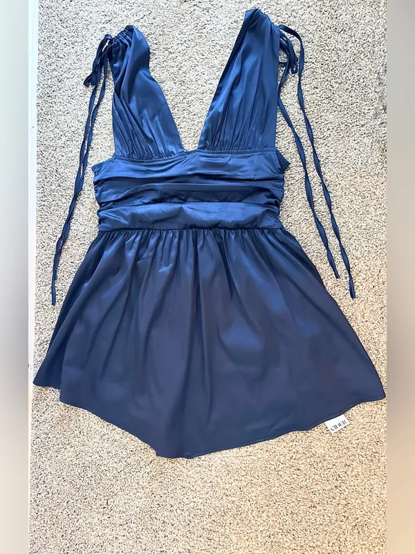 NWT Cider Solid Satin Ruched Mini Dress – Navy Blue – XL - Image 8