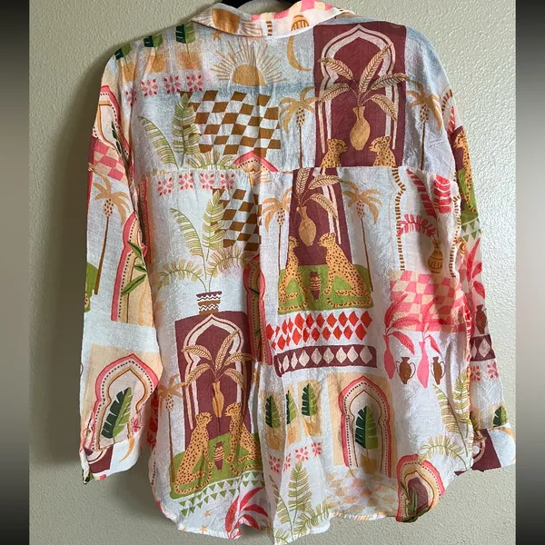 Peach Vibrant pink yellow casual button up lightweight‎ size large - Image 6
