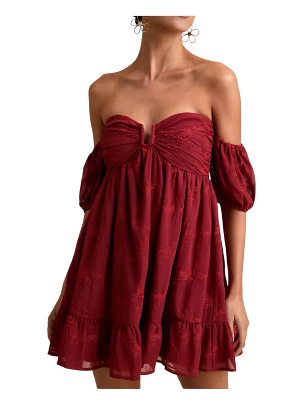 Lulus Rust Red Floral Embroidered Off Shoulder Mini Dress XL NWT - Image 2