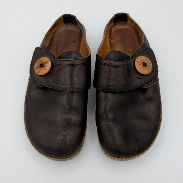 Haflinger Charlotte Brown Leather Cork Clog Mules Wood Button Womens 37 US 6-6.5 - Image 4
