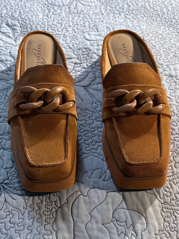 ☀️Naked Feet Elect Camel Suede Chain Platform Loafer Mules Sz 8🧡 - Image 10