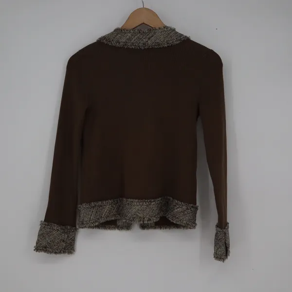 Just Miss Brown Ribbed Open Front Cardigan Tweed Trim Fringed Size 36 Small - Image 3