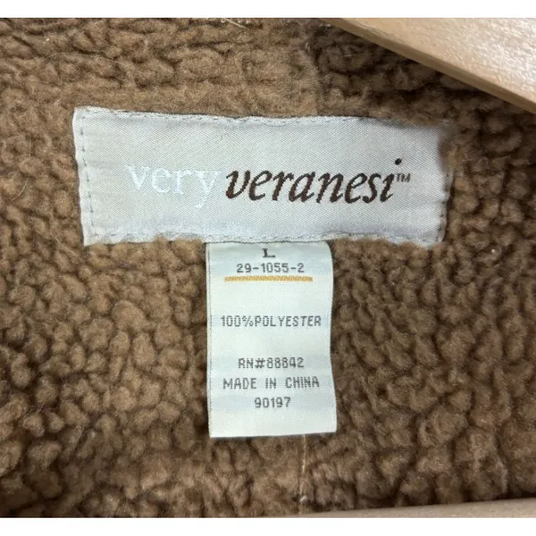 Very Veranesi Faux Suede Shearling Coat‎ Brown Sherpa Lined Hooded Vintage 90s L - Image 4