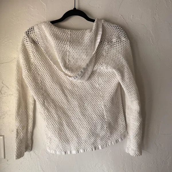 Erin London Y2k Sweater Medium White Hooded Mesh Zip‎ Up Knit Pockets Jacket - Image 7