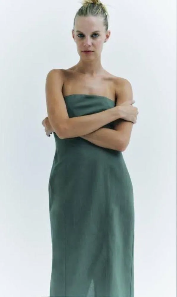 Zara green tube strapless midi linen blend dress - Image 2