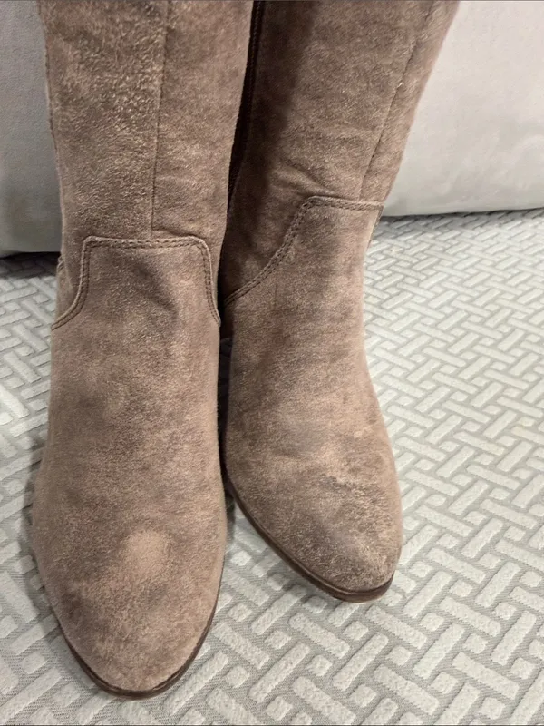 Fergalicious Taupe Suede Over-the-Knee Woven-Panel Boots Size 7.5 - Image 5