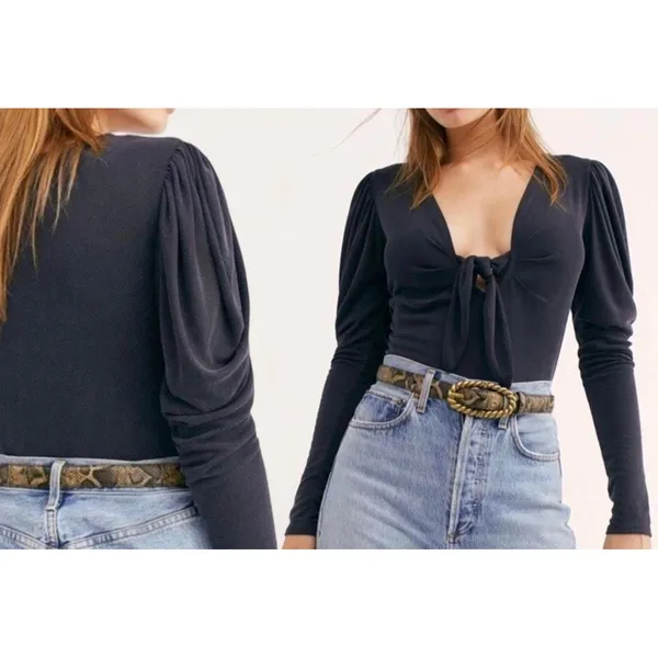 EUC Free People Tie The Knot Top Ribbed Puffed Long Sleeves Black Modal Size L - Image 2