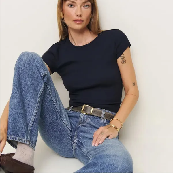 Reformation Black Cropped Ribbed Baby Tee Sz S - Image 2