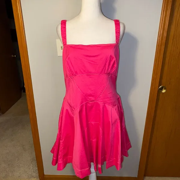 Anthropologie NWT plunge drop waist A-line mini dress Pink‎ Square Neck Size L - Image 3