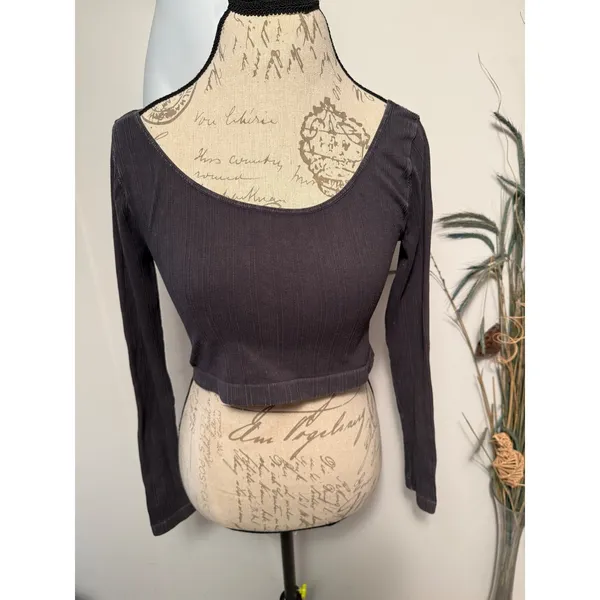 Free People Intimately Ribbed Long‎ Sleeve Crop Top Charcoal Gray M L - Image 2
