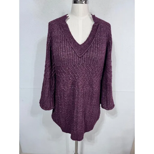Cabi Small‎ Purple Tunic Sweater Women's V-Neck Cable Knit Bell Sleeve - Image 2