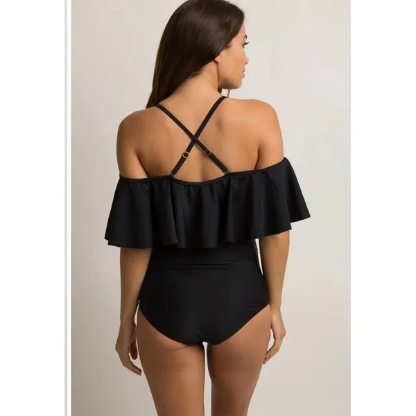 PinkBlush Maternity Ruffle Off Shoulder One Piece Swimsuit Black Medium EBM1000 - Image 2