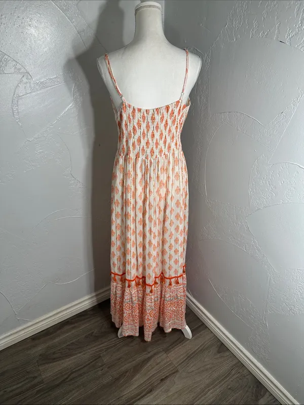 Me 2 Magic Boho Maxi Dress Orange White Embroidered V-Neck Fringe. - Image 7