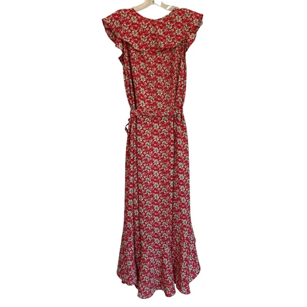 Max Studio Womens L Red Floral Ruffle High Low Wrap‎ Maxi Dress Flutter - Image 8