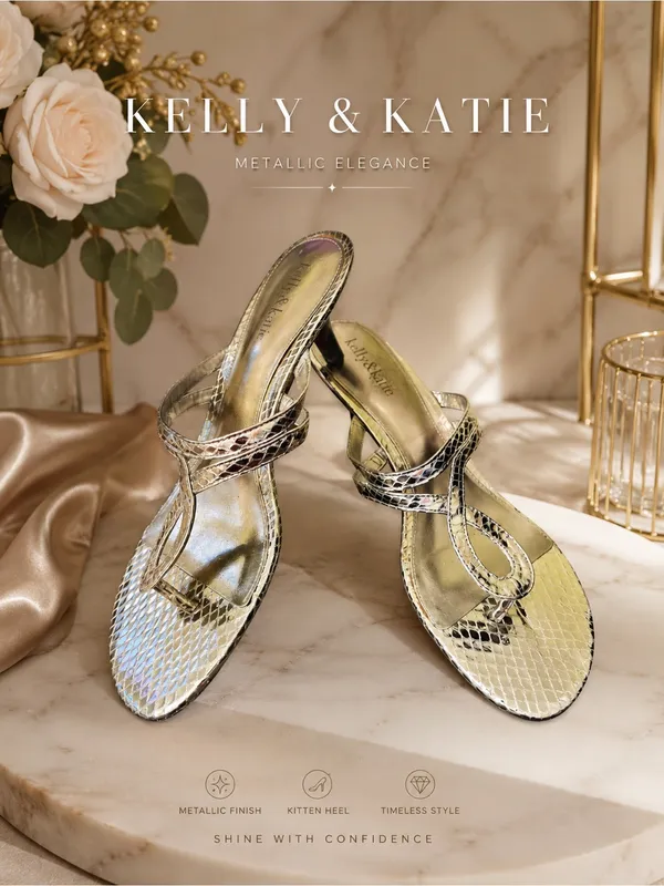 Kelly & Katie Gold Metallic Snakeskin Print Kitten Heel Slide Sandals Sz 10 - Image 2