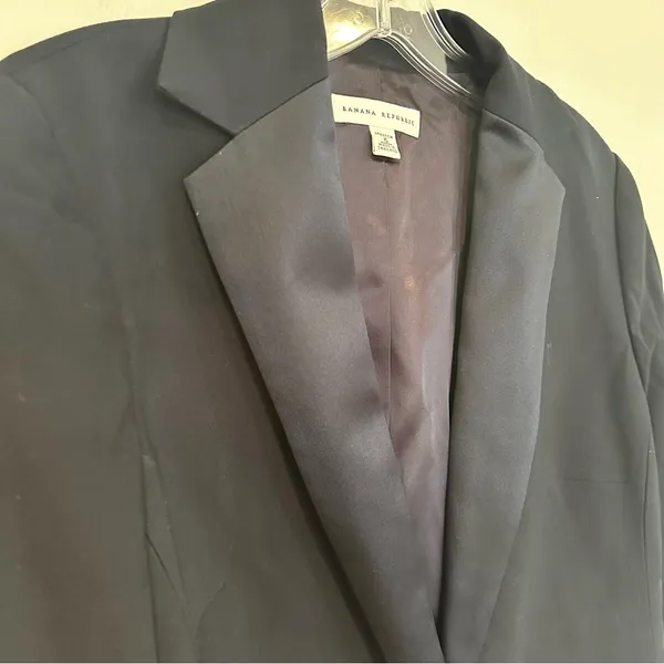 Banana Republic Stretch Career‎ Blazer Women's 6 Navy Satin Trim Holiday Lined - Image 3