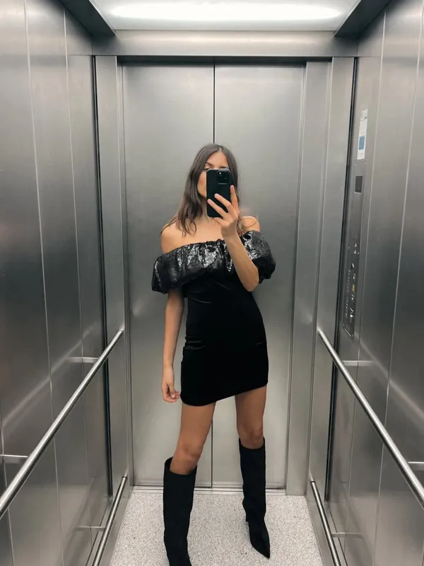 Zara Off-Shoulder Black Mini Dress with Sequin Trim - Image 4