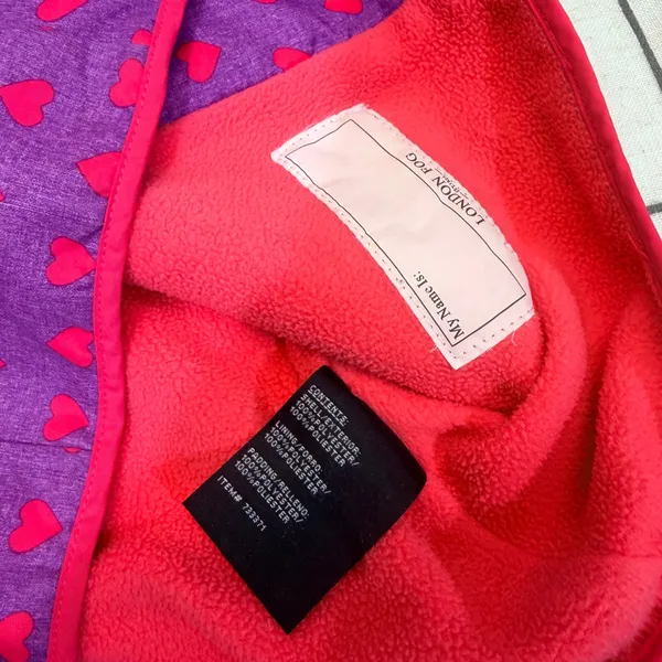 London Fog Trench Coat‎ 6X Purple Red Heart Print Hooded Fleece Lined Jacket - Image 7