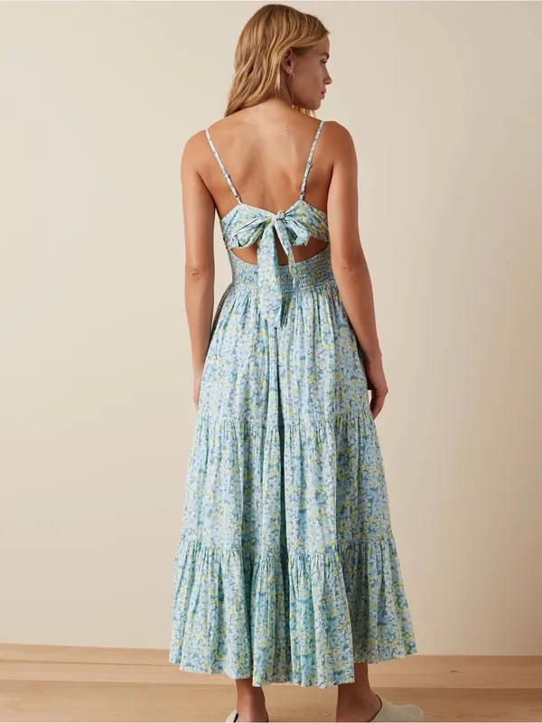 American Eagle Outfitters Blue Floral Tie-Back Maxi Dress Size XS Boho Cottage - Image 2