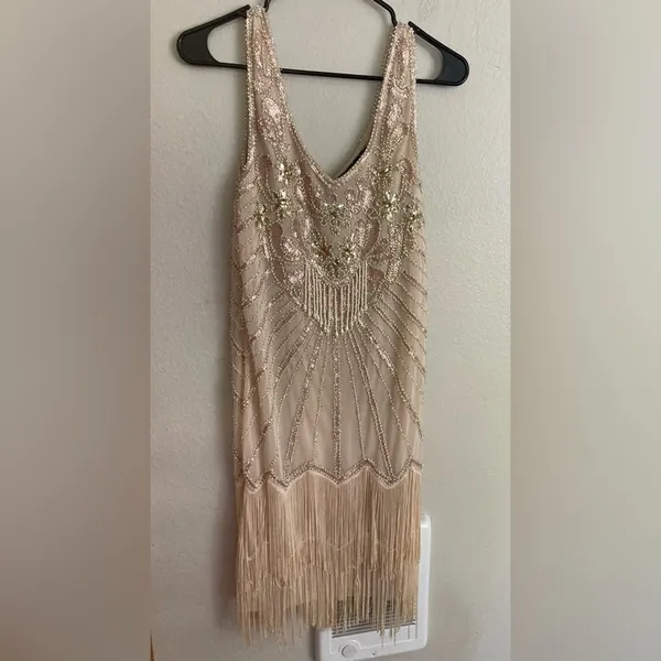 Babeyond Beaded Fringe Flapper Dress Size Medium Cream Colored - Image 2