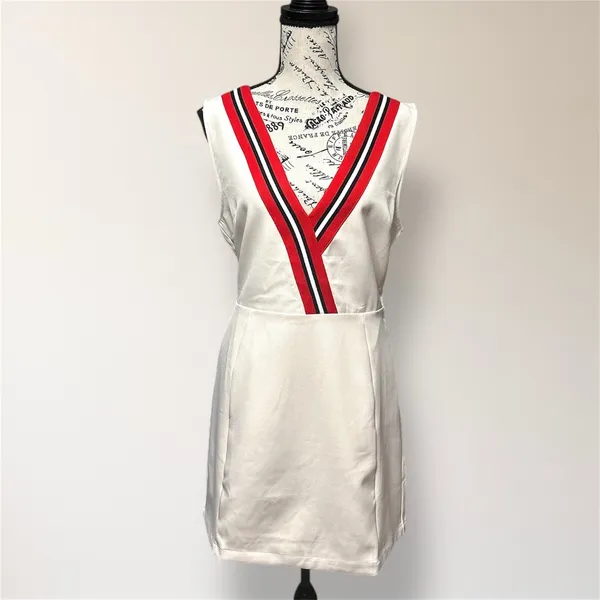 NWT English Factory Anthropologie L Beige Sleeveless Dress Varsity‎ Stripe Retro - Image 2