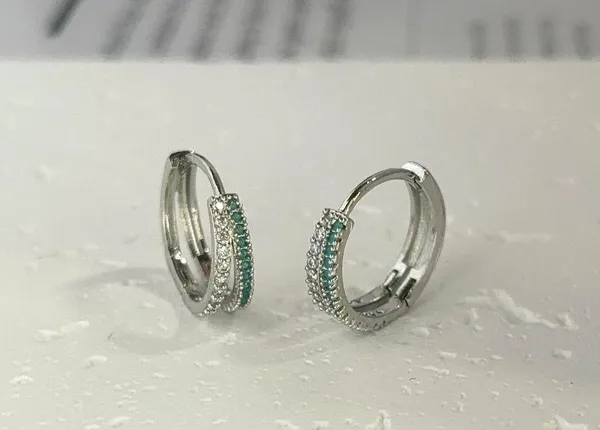 925 Silver Plated Double Rows CZ Cubic Zirconia Hoop Earrings for Men Women,Hip Hop Unisex Earrings - Image 2