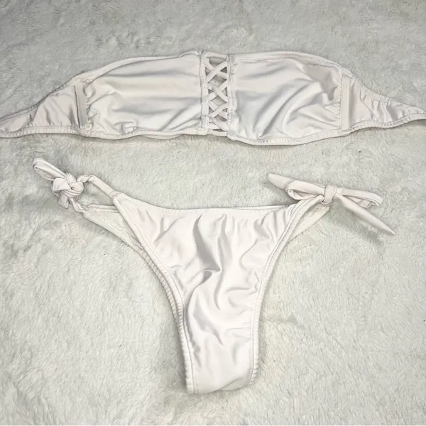 Girasole Swimwear White Ruffle Bandeau High Cut Bikini Set Size Small - Image 8