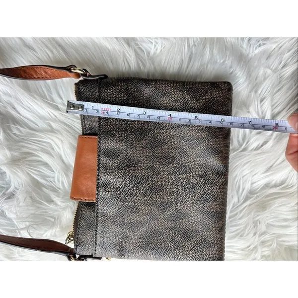 Michael Kors Fulton MK Monogram Crossbody Bag Leather Dark Brown Saddle - Image 9