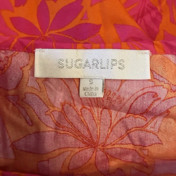 Sugarlips Small Blouse Top Floral Puff Ruffle Sleeve Orange Pink Cotton Garden - Image 7