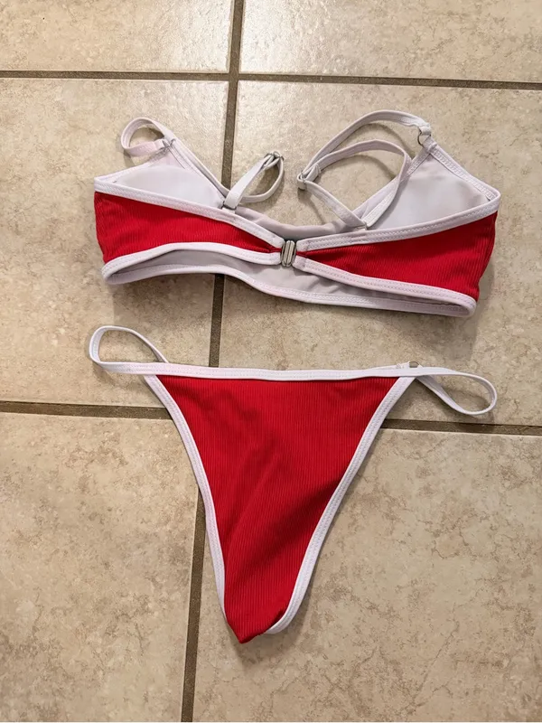 H&M Red & White Contrast Trim Ribbed Bikini - Image 3