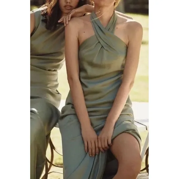 BHLDN Ruby Satin Charmeuse‎ Halter Maxi Dress Size 14 Sage Green Backless - Image 2