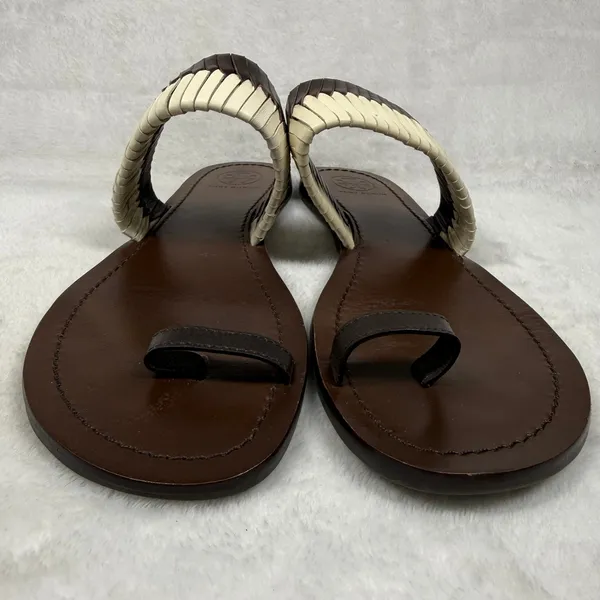 Tory Burch Woven Leather Toe Loop Flat Sandals Brown Cream Size‎ 7 - Image 3